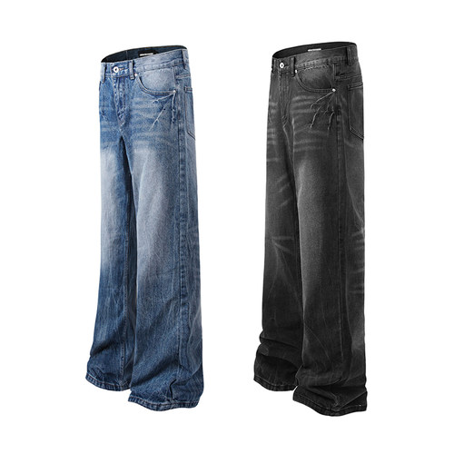 GENTNOBKIN 25SS爆裂纹牛仔裤男士经典重水洗直筒微喇阔腿百搭潮 - 图3