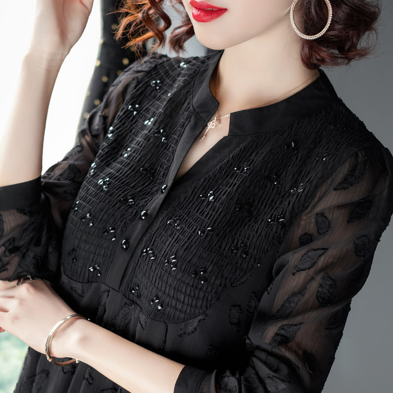 中长款春秋宽松妈妈装网纱雪纺衫 佰俪煊蕾丝衫/雪纺衫