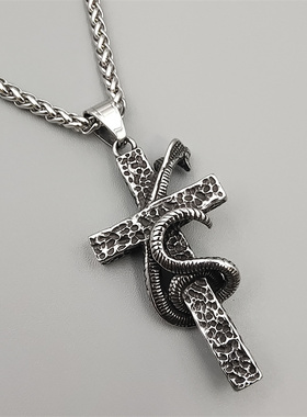 复古男钛钢十字架吊坠项链百搭