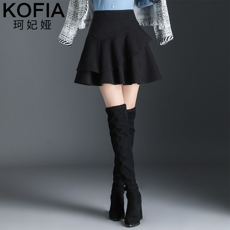 黑色毛呢秋冬2020新款高腰百褶裙 珂妃娅半身裙