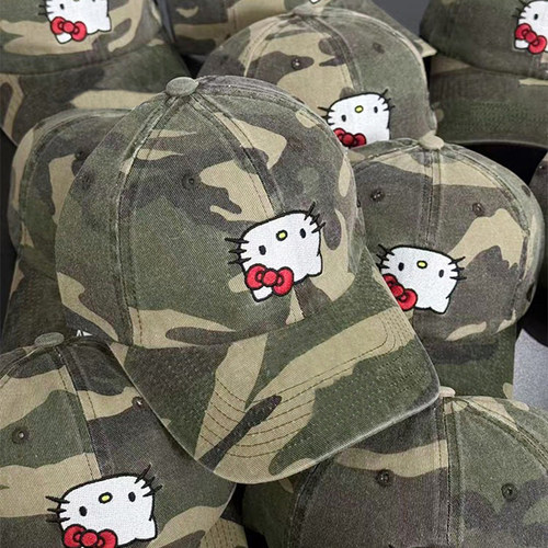 韩国可爱刺绣kitty猫迷彩棒球帽女复古纯棉大头围潮牌鸭舌帽子男 - 图2