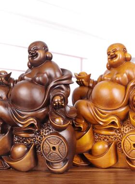 弥勒佛摆件实木雕刻招财笑面佛像新中式家居客厅玄关店铺供奉装饰