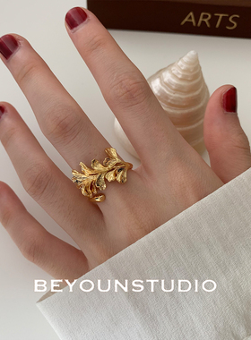 气质小众精致叶片金色女戒高级感