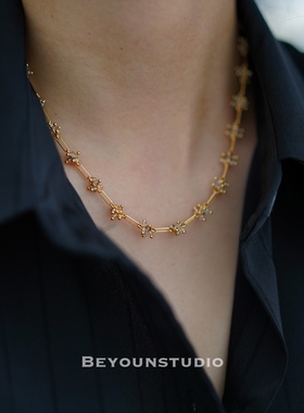 水晶球手工花朵项链黄铜镀金女