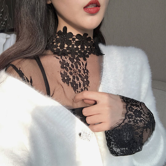 蕾丝衫韩国秋冬季网纱长袖立领上衣大码洋气女透视睫毛内搭打底衫