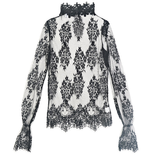 蕾丝衫韩国秋冬季网纱长袖立领上衣大码洋气女透视睫毛内搭打底衫