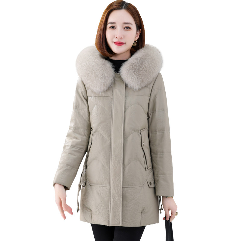 真皮羽绒服女中长款2026冬新狐狸毛领中国风妈妈海宁绵羊皮衣外套