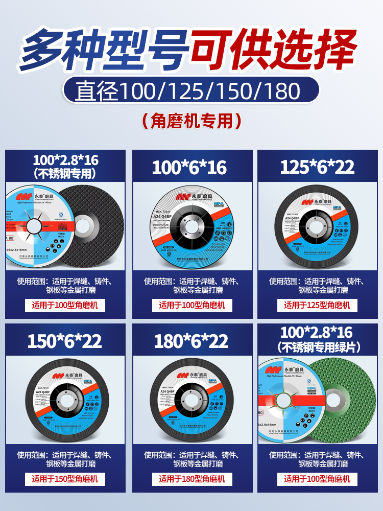 永泰角磨片100*6*16钹型砂轮片金属不锈钢磨光片4寸角磨机打磨片 - 图1