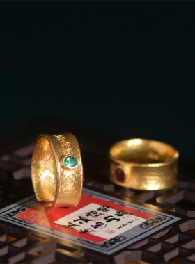 手工錾刻古法黄金吉言金镶嵌戒指