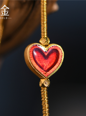 足金手工錾刻烧蓝红心手链