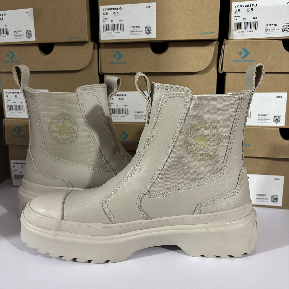 匡威CONVERSE复古中帮米色切尔西厚底短靴休闲保暖A08395c - 图2