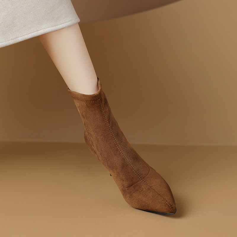 尖头细跟短靴女2025新款秋冬5cm低跟瘦瘦靴法式显瘦绒面高跟靴子,淘宝优惠券,粉丝福利购,淘宝优惠卷