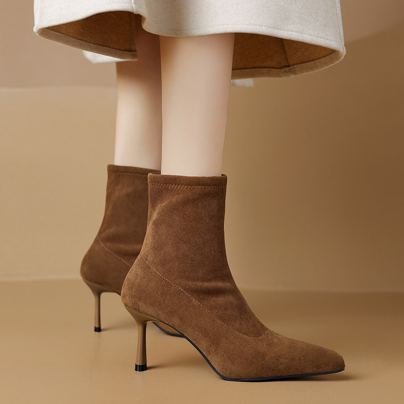 尖头细跟短靴女2025新款秋冬5cm低跟瘦瘦靴法式显瘦绒面高跟靴子,淘宝优惠券,粉丝福利购,淘宝优惠卷