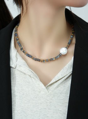 小众设计款项链灰月光水晶女时尚气质百搭优雅知性复古简约轻奢风