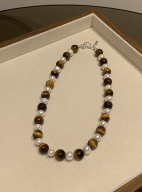 天然虎眼石珍珠项链简约时尚气质