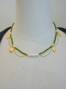 小众新款轻复古叶影串珠牙签珍珠项链轻奢百搭高级感法式浪漫优雅