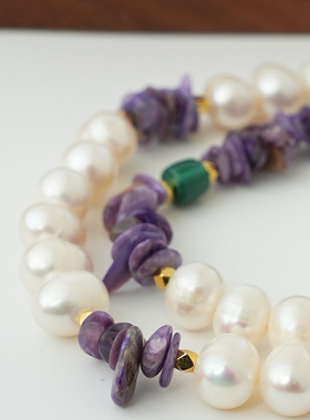 天然紫龙晶孔雀石珍珠项链