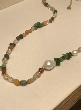 小众设计款彩色绿石头串珠项链