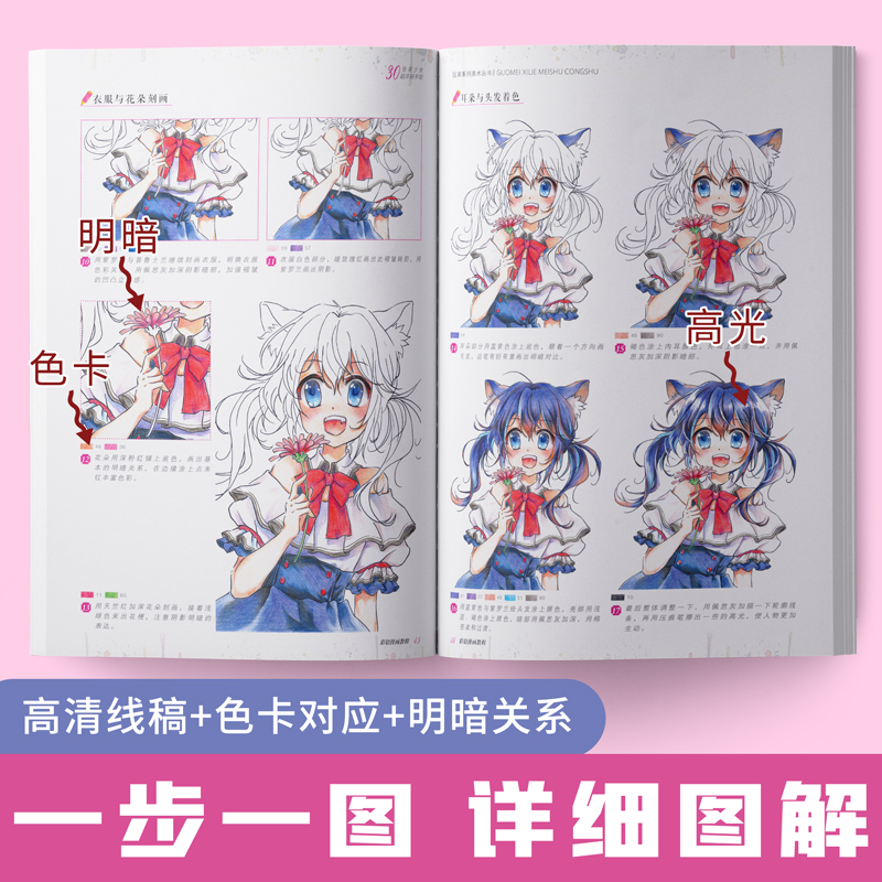 彩铅漫画人物教程书动漫绘画临摹画册卡通儿童入门零基础涂色马克笔手绘本q版上色自学画画二次元美少女新手技法铅笔教学范本小孩-图1