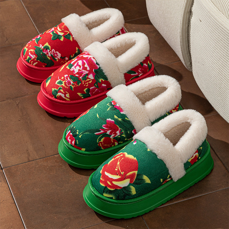 红色棉拖鞋女士冬季居家加绒保暖厚底东北大花包跟月子鞋外穿棉鞋,淘宝优惠券,粉丝福利购,淘宝优惠卷