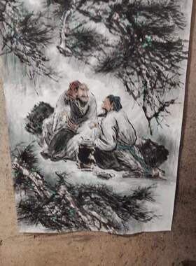 纯手绘国画松间论道图 高山流水瀑布古松雅客闲谈茶室挂画