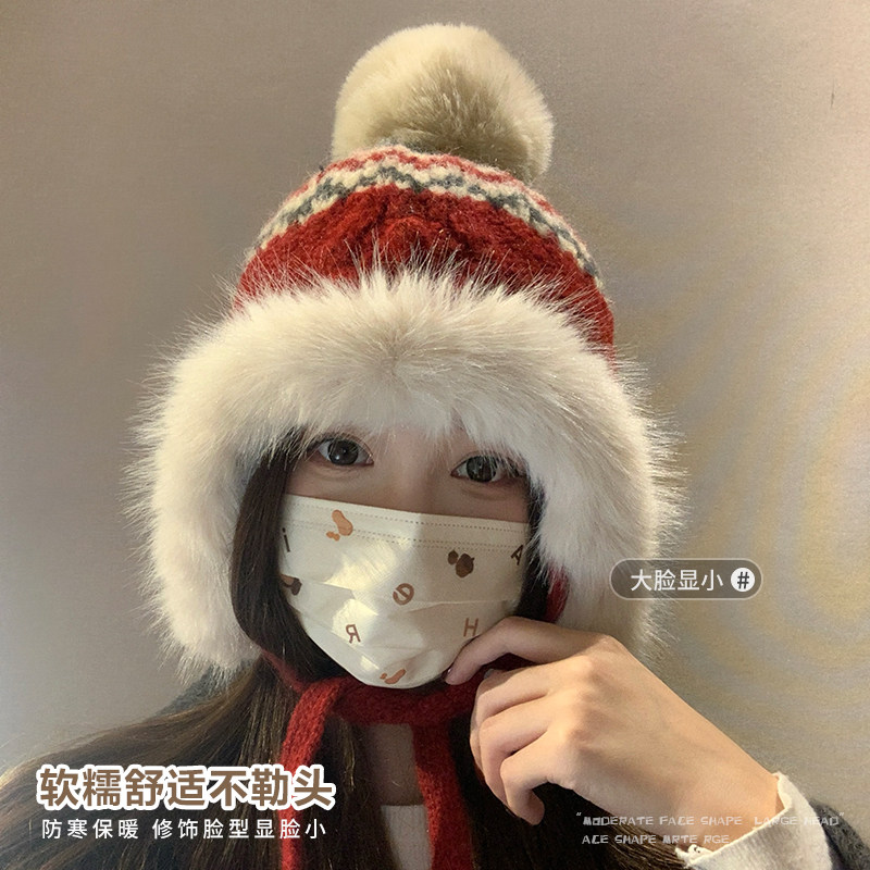 费尔岛红色雷锋帽女冬东北骑行防寒保暖红色加厚护耳针织毛线帽子,淘宝优惠券,粉丝福利购,淘宝优惠卷