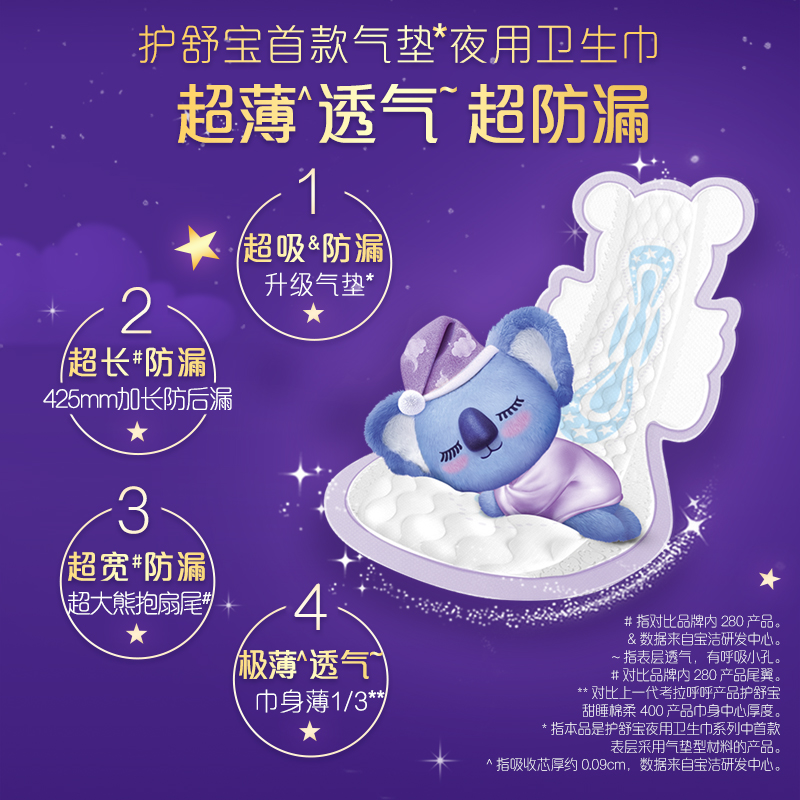 宝洁官方旗舰店护舒宝考拉呼呼夜用卫生巾薄款超长组合装姨妈巾正品1