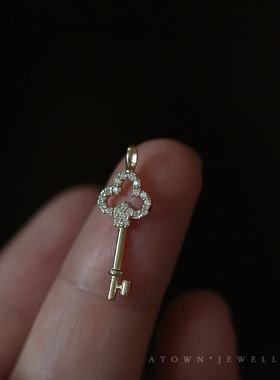 S925纯银镀14K金项链 古董感小钻钥匙吊坠轻奢法式复古K金挂坠