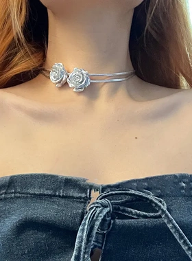 夜幕舞曲~银色玫瑰花锁骨链甜酷双层辣妹项链女轻奢小众感颈链潮