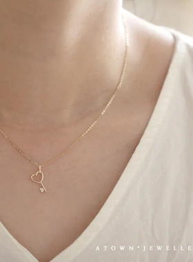 925纯银镀14K黄金项链 暖萌小心心爱心钥匙镶钻迷你吊坠女礼物
