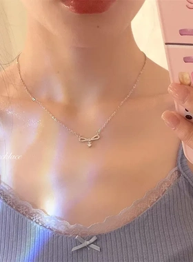 S925银镀白金蝴蝶结锆石项链女轻奢高级感气质百搭锁骨链时尚个性