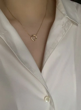 圆满~S925银镀14K金 luck圆环吊坠锁骨链项链小挂坠 光面圆圈