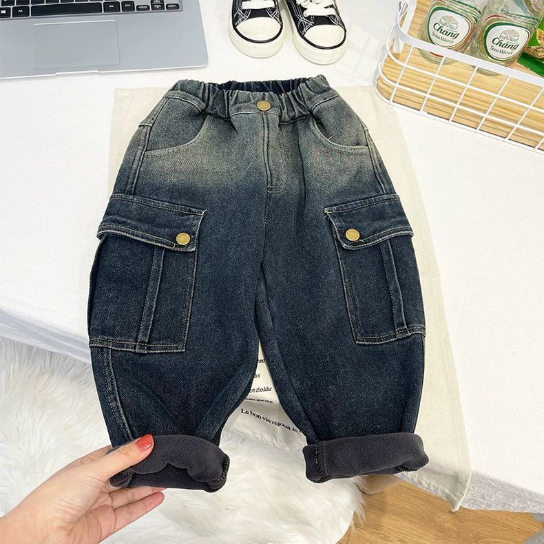 男童冬款牛仔工装裤儿童洋气时髦加绒加厚帅气长裤子时尚休闲裤潮 - 图0