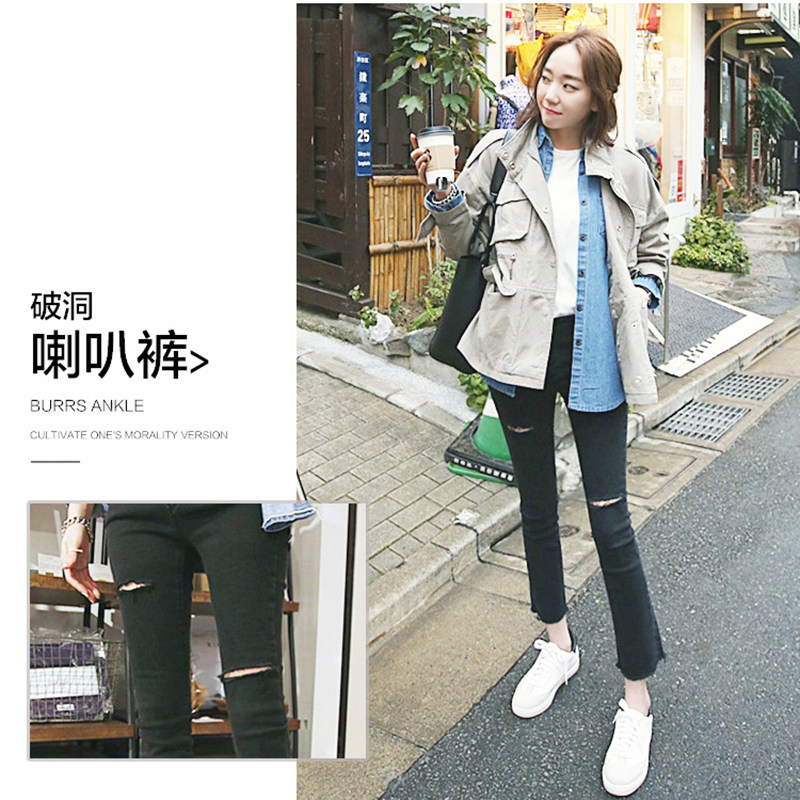 不规则黑色个性破洞高腰潮9牛仔裤 冰雪丹尼牛仔裤