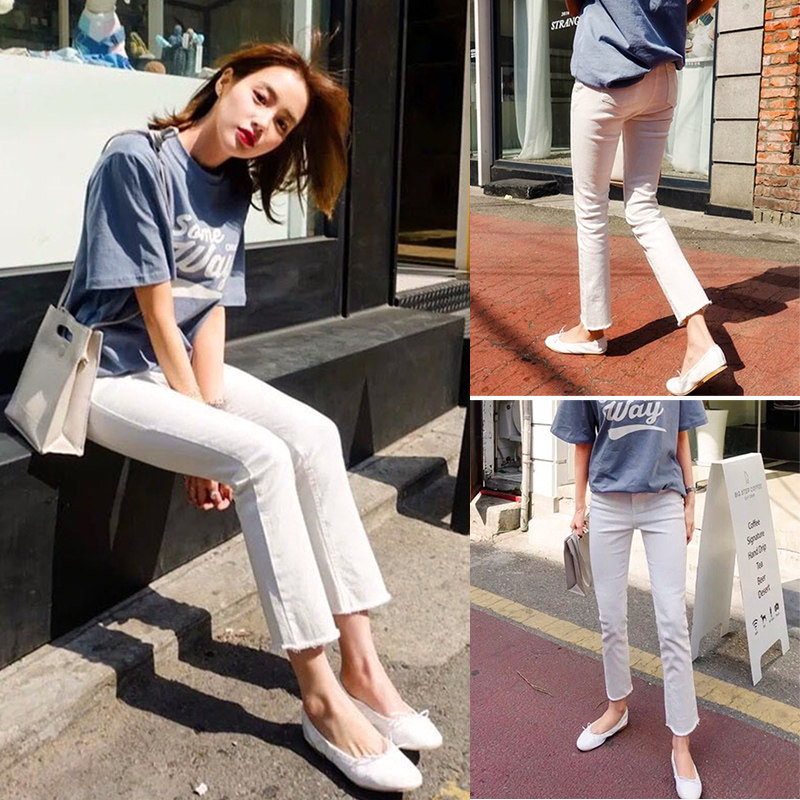 白色九分直筒宽松八分春夏牛仔裤 冰雪丹尼牛仔裤