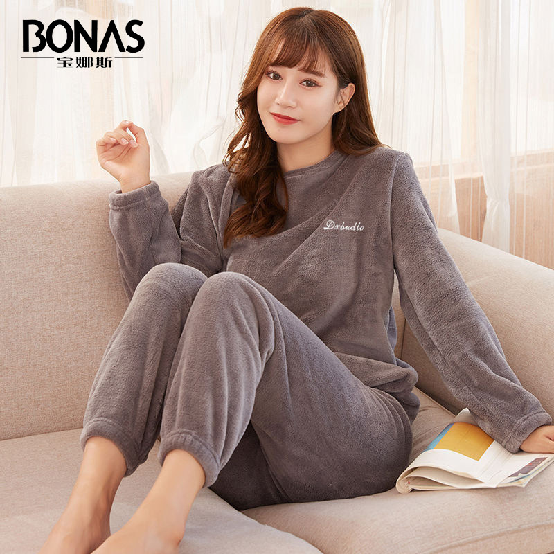 宝娜斯秋冬季加绒可外穿珊瑚绒睡衣 宝娜斯天牛睡衣/家居服套装