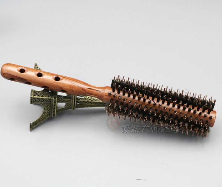 创艺毛梳0301/0302/0307毛滚梳吹卷造型美发鬃毛梳七孔实木圆梳 - 图0