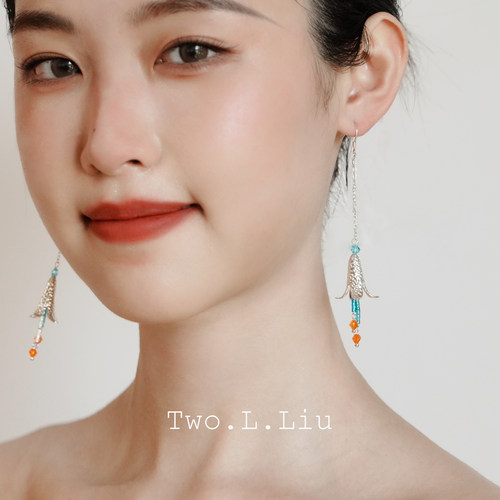 Two.L.Liu原创设计民族风蓝色喇叭花耳环女高级感气质耳饰耳夹 - 图0