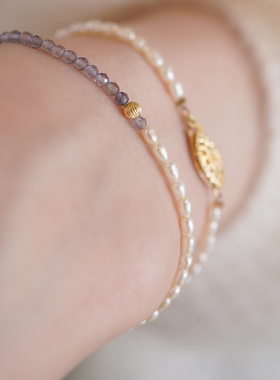 「鸢尾」天然水蓝宝石淡水珍珠14k包金手链女小众设计感手饰礼物