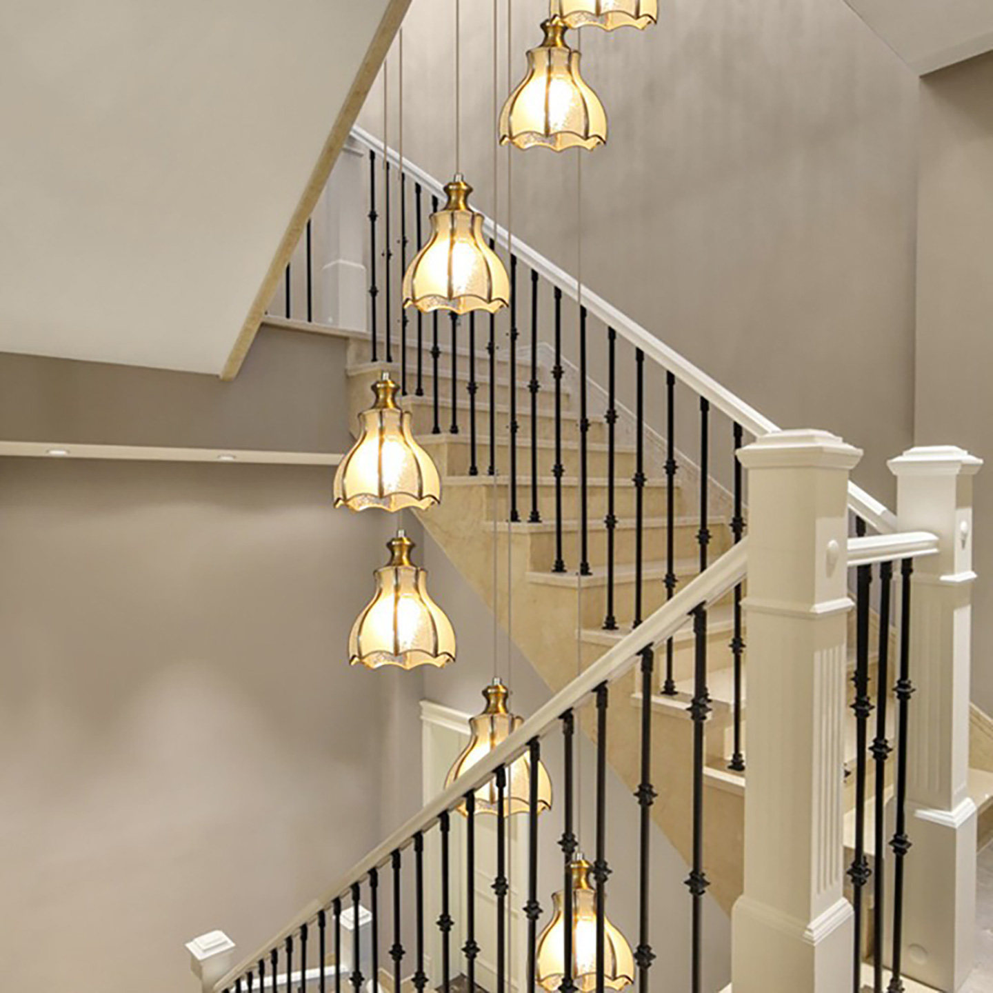 美式螺旋楼梯间长吊灯轻奢挑高复式楼挑空别墅餐厅灯玻璃铜灯罩款,淘宝优惠券,粉丝福利购,淘宝优惠卷