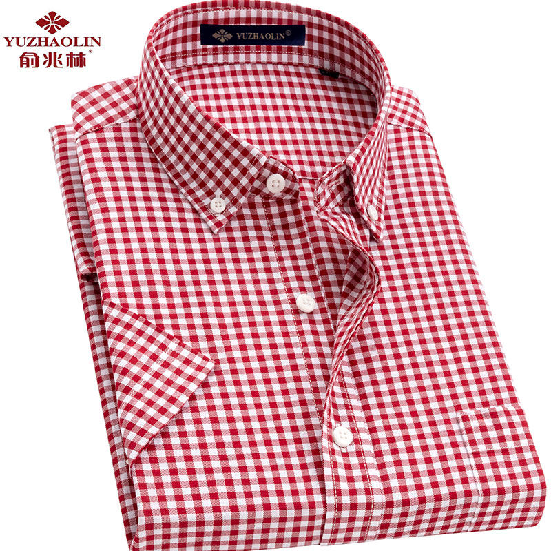 俞兆林短袖夏休闲纯棉红色格子衬衫 宜冉服饰衬衫