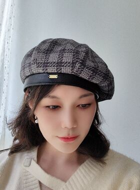 24新款贝雷帽女秋冬格纹无檐八角帽出街复古时尚搭配画家帽贝雷帽