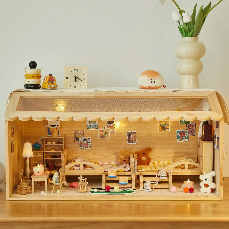 棉花娃娃娃屋展示柜手办diy造景盒实木房子ob11过家家12分bjd娃床 - 图0