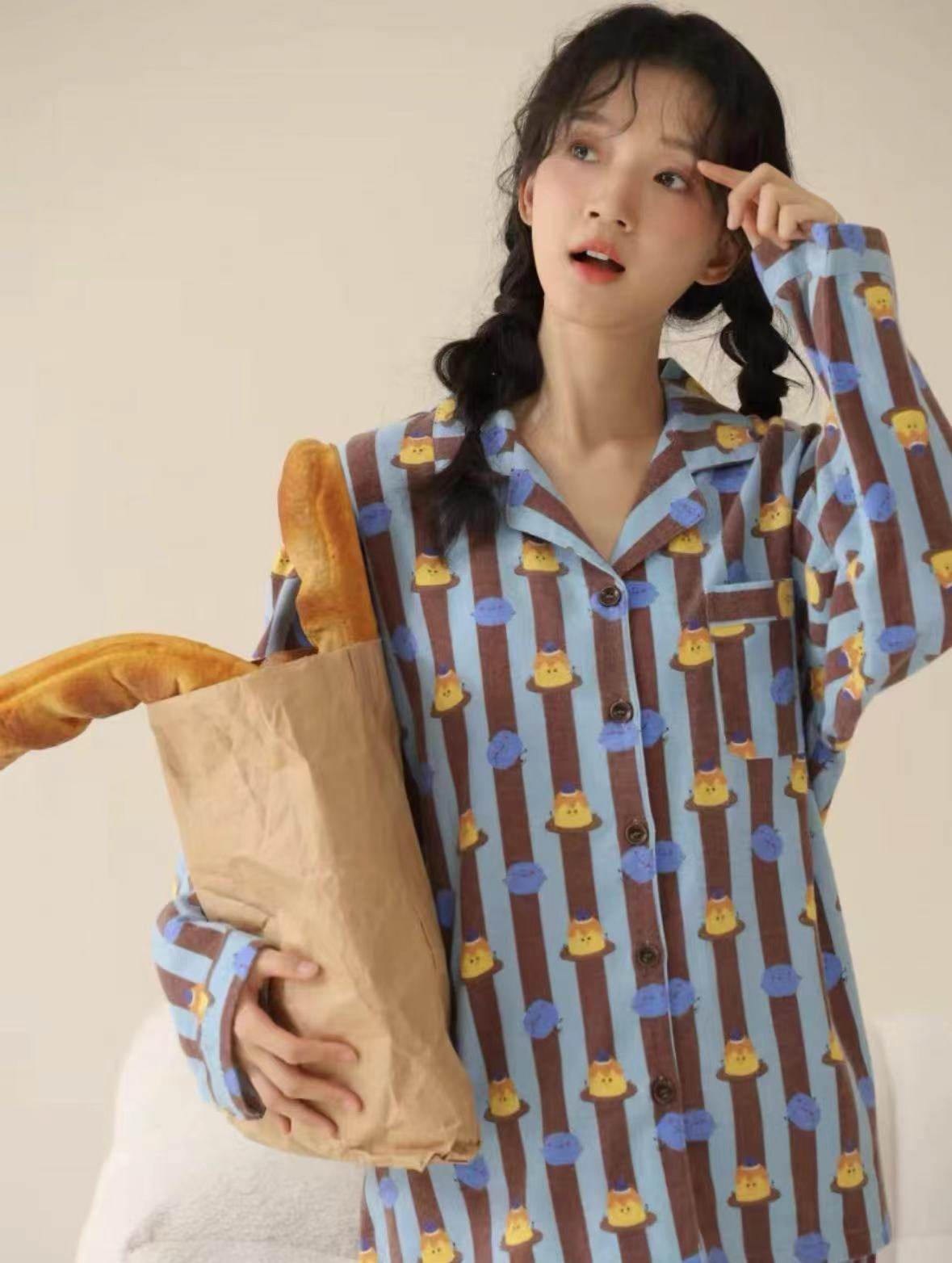 侘町条纹撞色少女卡通睡衣纯棉休闲可外穿家居服套装可爱休闲,淘宝优惠券,粉丝福利购,淘宝优惠卷