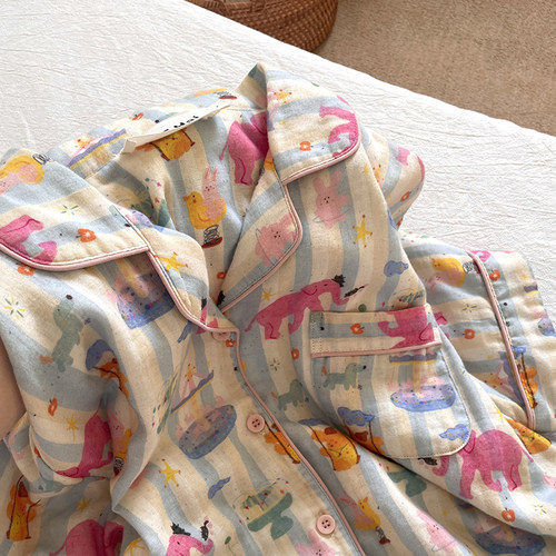 侘町2025新款游乐园大象短袖睡衣女款夏季薄款纯棉网红家居服套装 - 图0