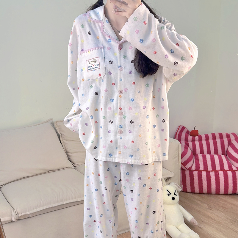 侘町2025新款彩色爪印长袖睡衣卡通夏季纯棉磨毛可外穿家居服套装 - 图1