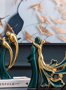 北欧轻奢孔雀绿陶瓷树枝爱情鸟装饰摆件酒柜电视机柜样板房摆设