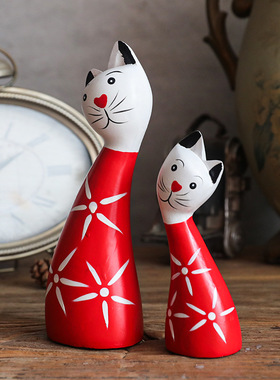 北欧木质红色对猫摆件动物家居客厅橱柜装饰品创意儿童房摆设礼品