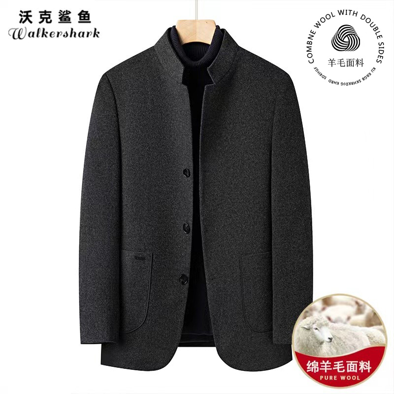 爸爸高端羊绒夹克中年男士立领鹅绒加厚中山装商务婚宴毛呢冬外套