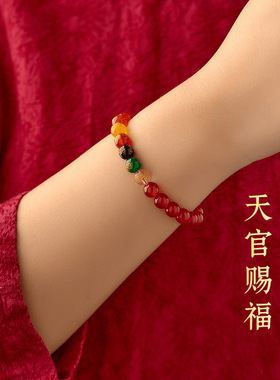 批发天然红玛瑙五路财神手链新国潮男女士热销本命年红色爆款手串